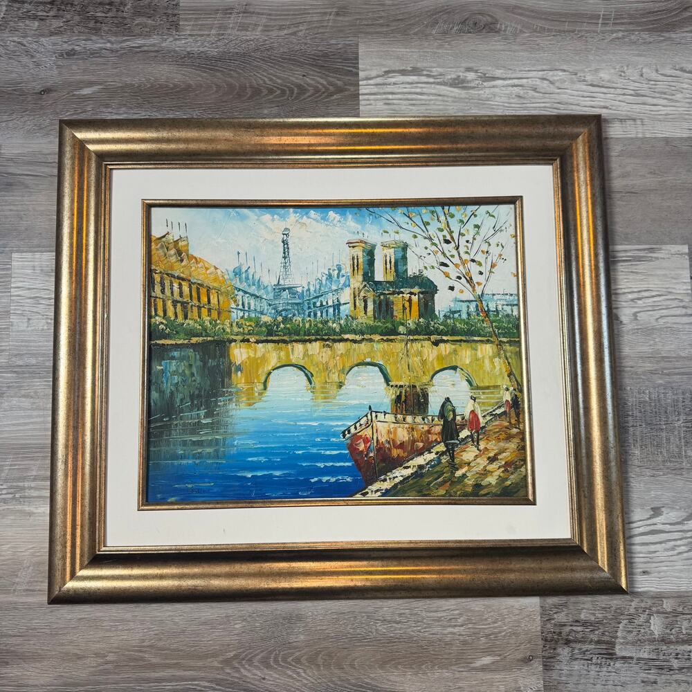 Vintage Paris Eiffel Tower Textured Painting Gold Frame European Cityscape Art